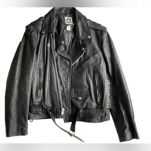 Women’s black leather biker jacket, vintage.